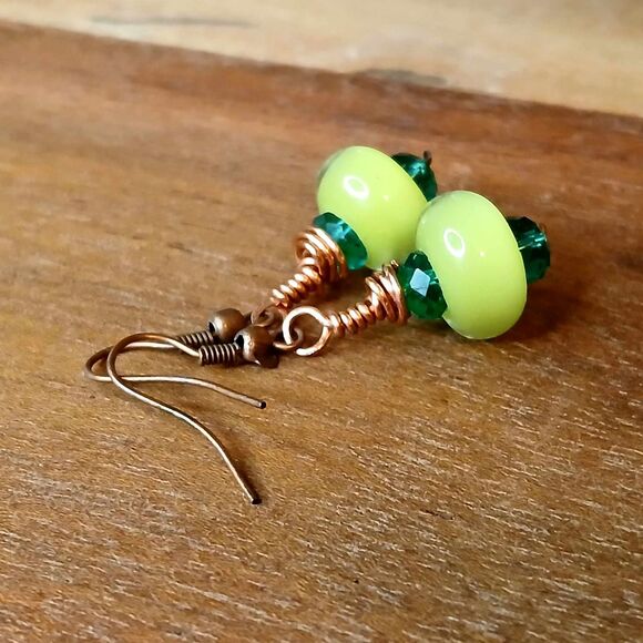 Neon Green Boho Beaded Dangle Earrings, Copper, Artisan OOAK - Picture 3 of 4